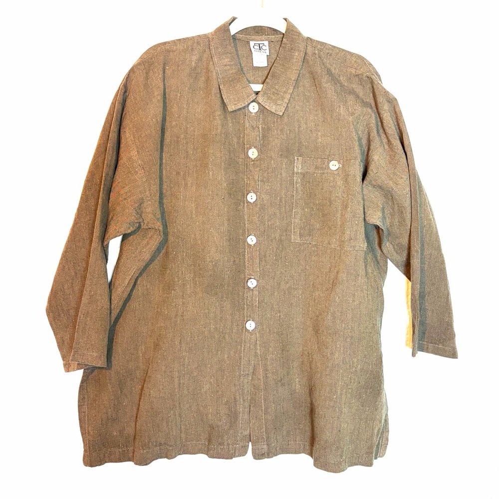 CTC Linens Vintage 100% Linen Brown Button Front Blouse Abalone Shell Buttons XL